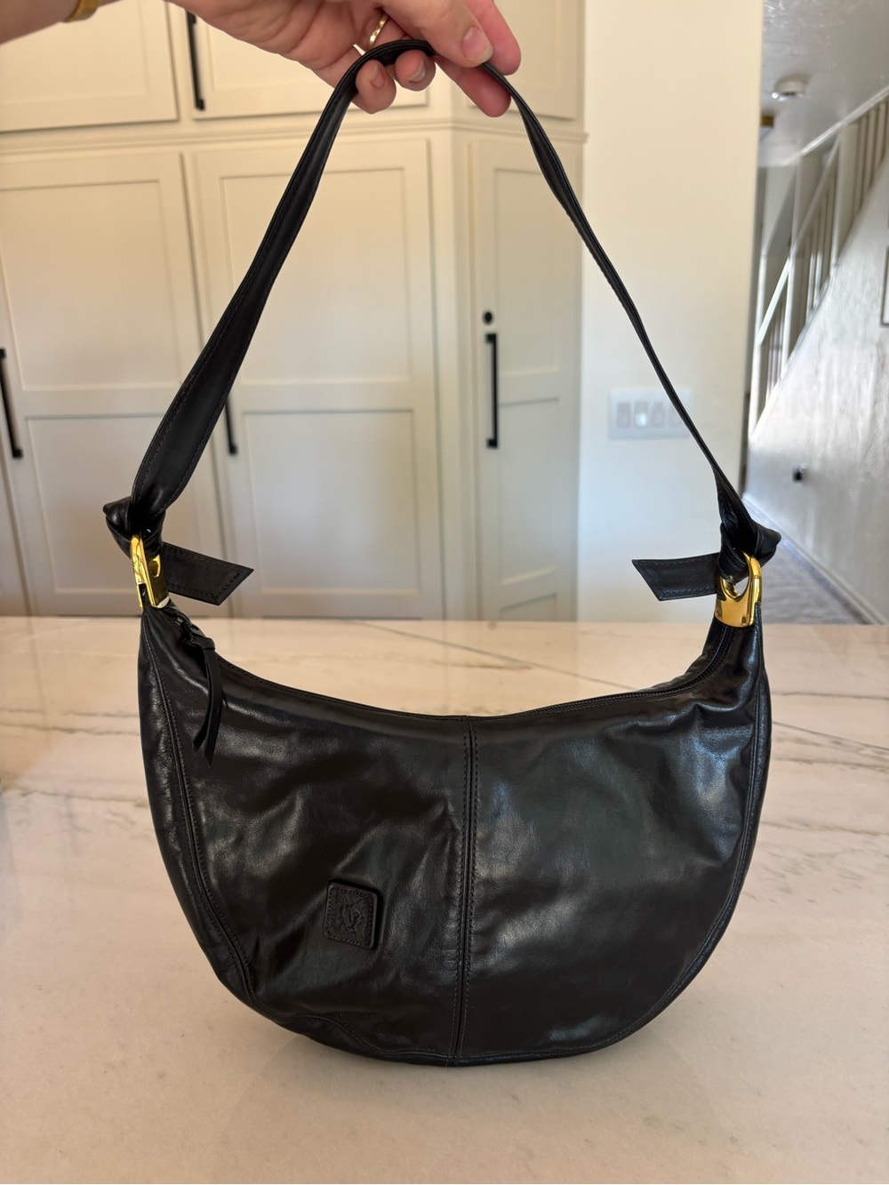 Vintage 90s Anne Klein Calderon Black Leather Slouchy Crescent Hobo Shoulder Bag
